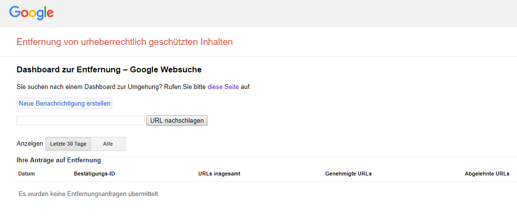 Über das DMCA-Dashboard Entfernung von urheberrechtlich geschützten Inhalten beantragen