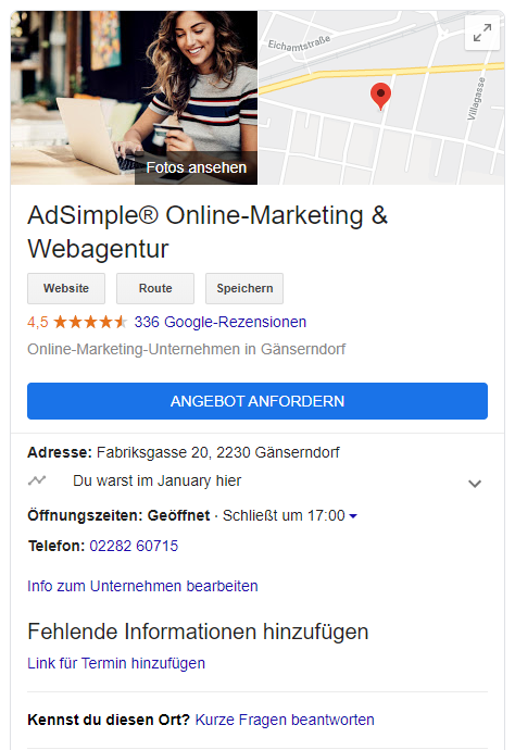 So sieht das GMB-Profil aus, wenn Sie nach unserer Firma googlen.