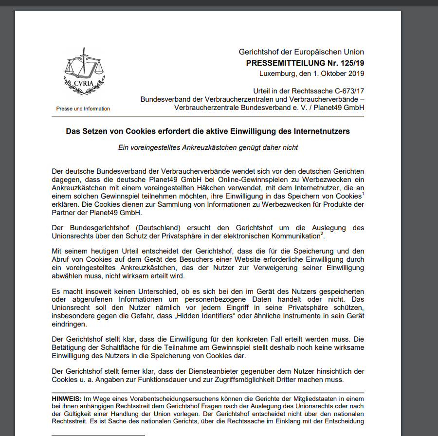 Hier die Presseaussendung zum Fall Planet49