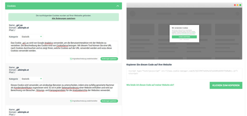 Hier sehen Sie alle Cookies und können Sie beschreiben
