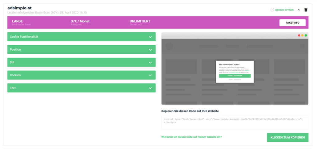 Klicken Sie auf eine der grünen Balken um Ihren Cookie Hinweis zu gestalten