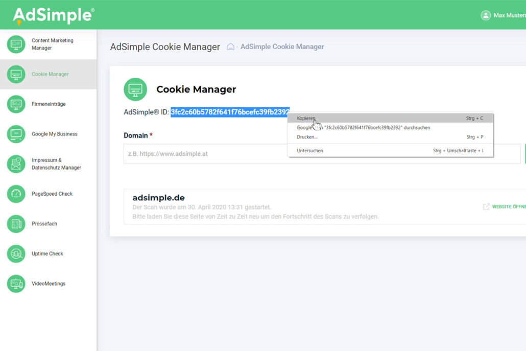 Kopieren Sie die AdSimple® ID