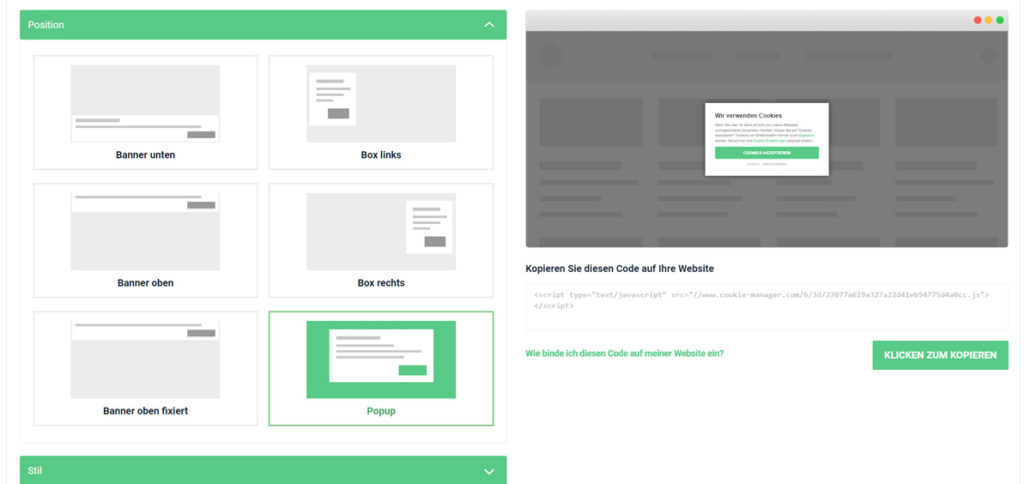 Sie entscheiden, wo der Cookie Hinweis angezeigt wird
