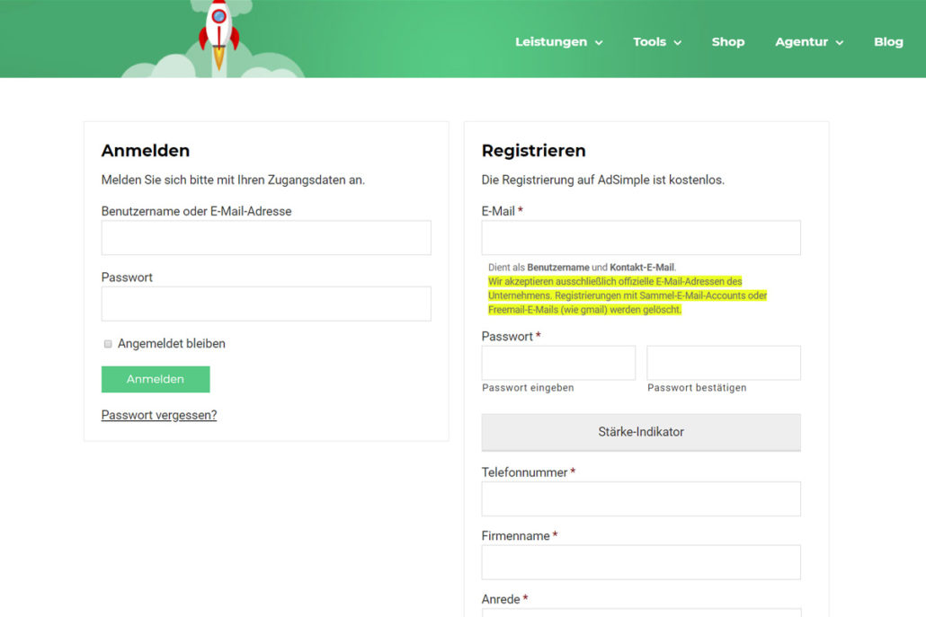 Anmelden oder Registrieren bei adsimple.at