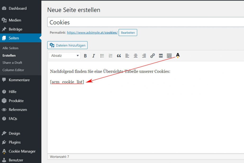 Klicken Sie einfach auf den AdSimple-Button und schon wird der Shortcode eingefügt