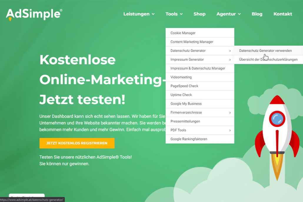 Gehen Sie zum Menüpunkt "Datenschutz Generator verwenden