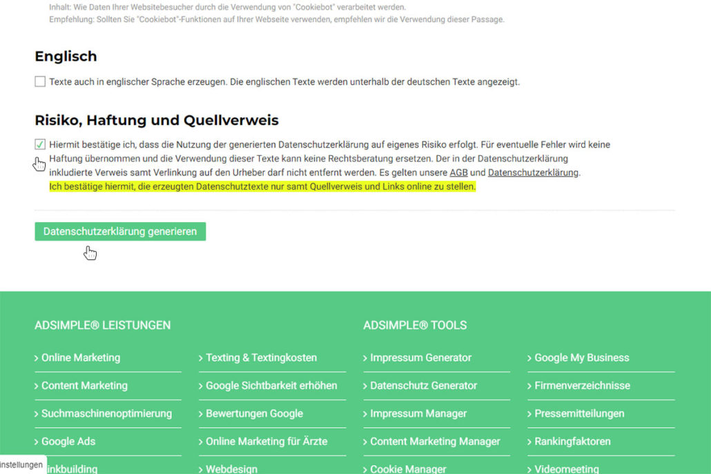 Klicken Sie zuerst auf den Haftungshinweis und dann auf Datenschutzerklärung generieren