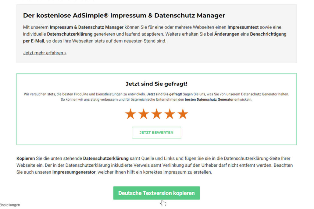 Klicken Sie nun auf "Deutsche Textversion kopieren"