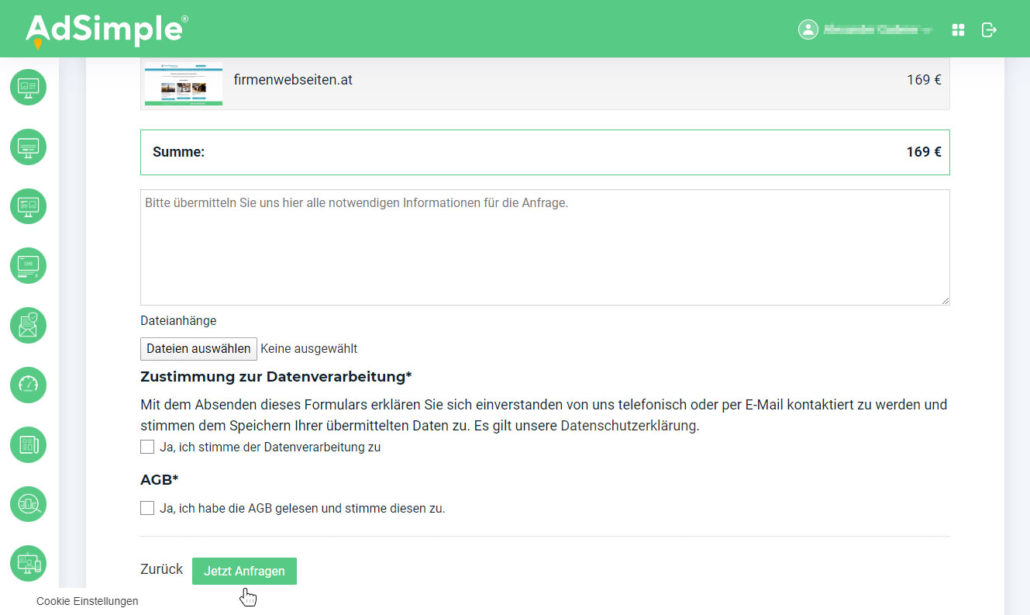Klicken Sie auf den grünen "Jetzt Anfragen"-Button