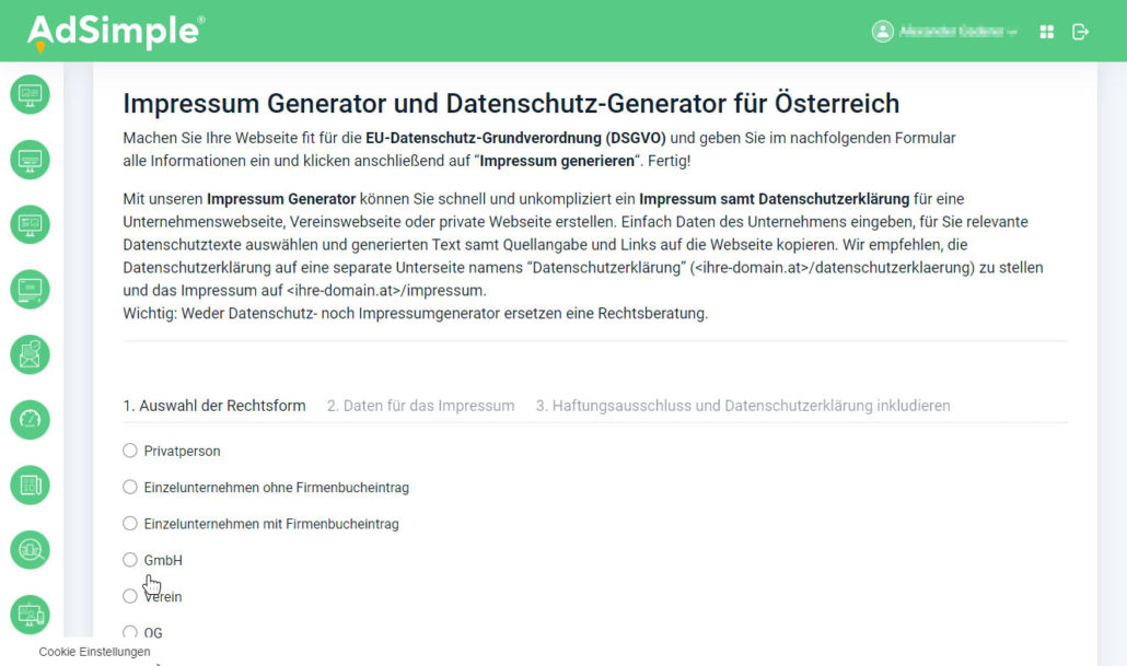 Wählen Sie die entsprechende Rechtsform aus