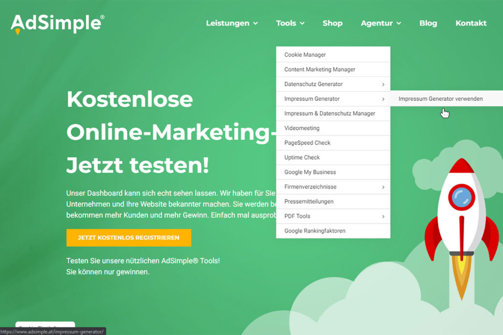 Klicken Sie auf Impressum Generator verwenden