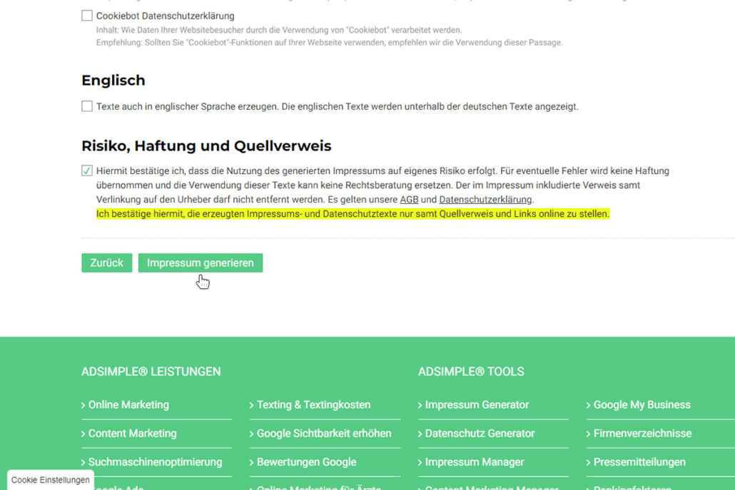 Klicken Sie auf "Impressum generieren"
