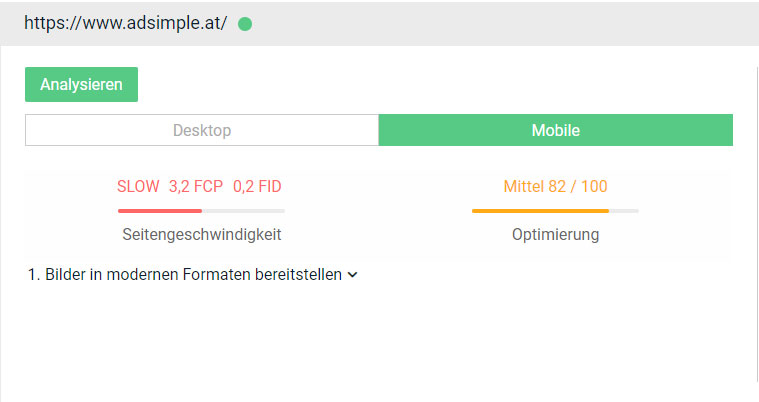 Hier sehen Sie den Pagespeed in der Desktop oder mobilen Version