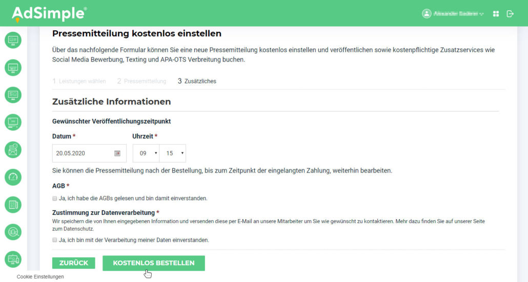 Erledigen Sie noch die letzten Einstellungen und klicken Sie auf "Bestellen"
