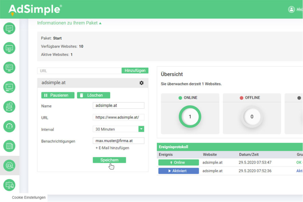 Bestimmen Sie den Check-Intervall und fügen Sie Ihre E-Mail-Adresse ein