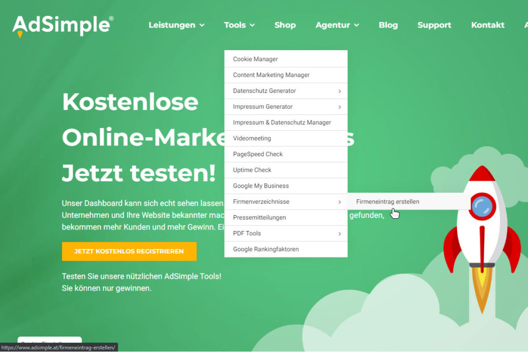 Navigieren zu Firmeneintrag erstellen