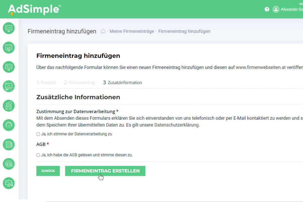 Füllen Sie noch die Zusatzinformationen aus