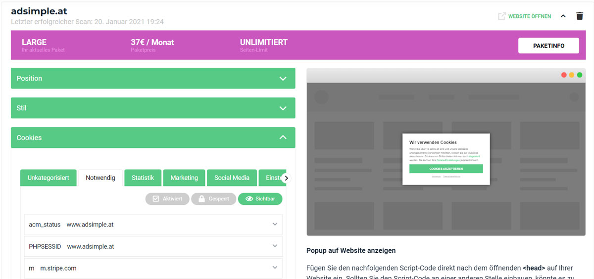 AdSimple Cookie Manager Cookie Übersicht