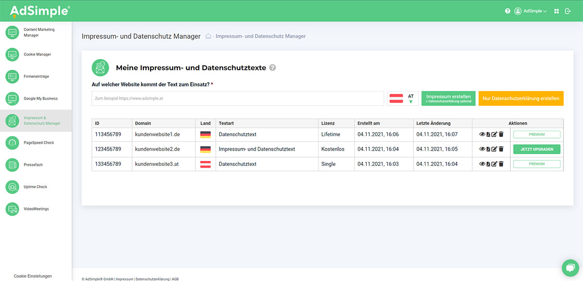 Impressum und Datenschutz Manager von AdSimple