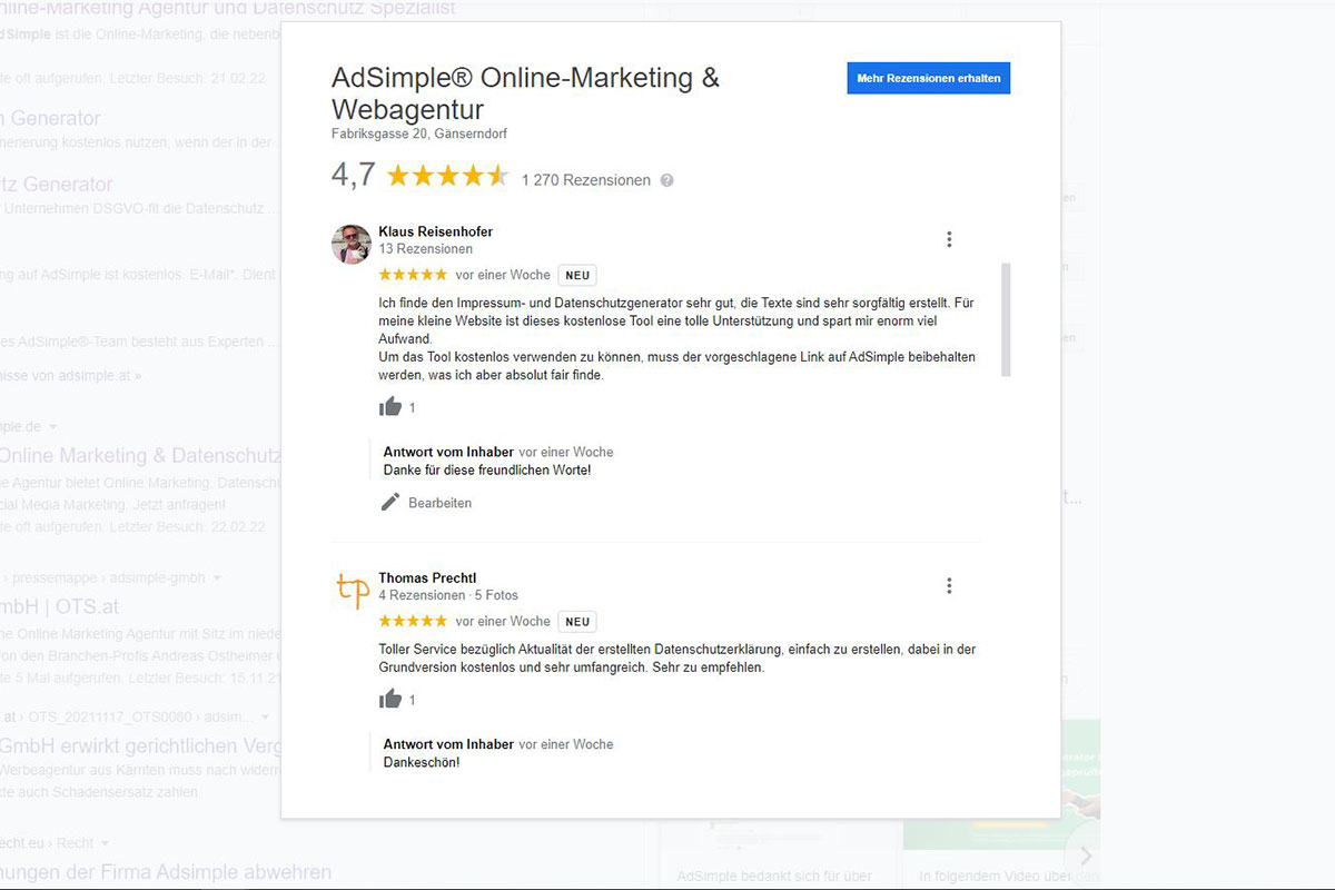 Wir bedanken uns für über 1250 Google-Rezensionen